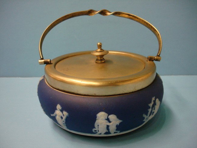 19th Century Wedgwood Blue Jasperware Jam Jar: 19th Century Wedgwood Blue Jasperware Jam Jar w/ applied classical decoration - silver lid & handle - approx. 3" T x 5" dia.