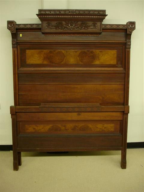 3 Pc. Walnut & Burled Walnut Bedroom Set - consist: 3 Pc. Walnut & Burled Walnut Bedroom Set - consisting of Bed 77" T x 61" W x 4" D, M/T Mirrored Back Dresser 28 1/2" T x 45" T x 20 1/2" D & M/T Mirrored Back Washstand 39" T x 32" W x 18" D