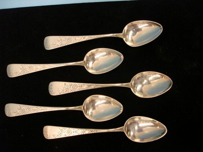 Five Duhme & Co. Engraved Sterling Teaspoons: Five Duhme & Co. Engraved Sterling Teaspoons