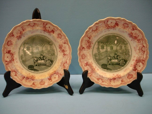 Pair of Early 19th Century English Ironstone Plate: Pair of Early 19th Century English Ironstone Plates - Perisan Scenes w/ red floral rim - 8 1/2" dia.