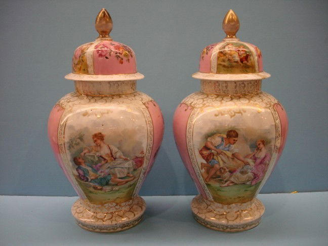 Pair of Dresden Porcelain Ginger Jars w/ portrait: Pair of Dresden Porcelain Ginger Jars w/ portrait & floral panels - signed Bouche - double blue cross swords mark - 14" T
