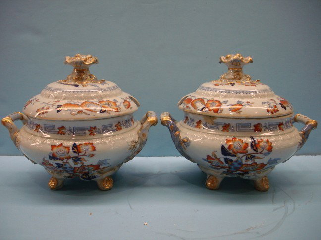 Pr. Mason's 19th C English Ironstone Sauce Tureens: Pair of Masons 19th Century English Ironstone "Patented Ironstone China" Footed Sauce Tureens- prior to 1820 - "Morley's" 4/306 - both have rim chips - 6 1/2" tall, 7 1/4" across handles