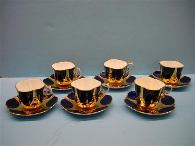 Six Ansley Bone China Blue & Gold Cups & Saucers: Six Ansley Bone China Blue & Gold Cups & Saucers