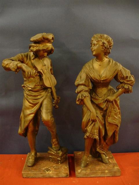 Pair Spelter Figurines - Boy & Girl Playing Violin: Pair of Spelter Figurines - Boy & Girl Playing Violin - on marble base - 18" T