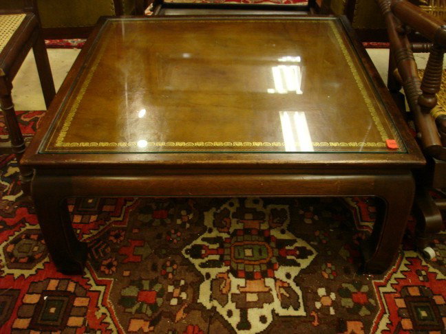 Henredon Oriental motif Coffee Table: Henredon Oriental motif Coffee Table with leather & fittewd glass top