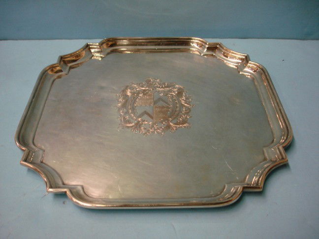 English Silver on Copper Chippendale style Tray: English Silver on Copper Chippendale style Shaped Tray with Engraved Coat of Arms - 12" square