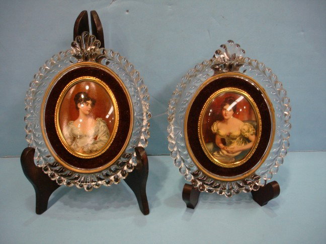 Pair of Crystal Framed Portrait Minatures,: Pair of Crystal Framed Portrait Minatures, "A Cameo Creation" - Countess Grosvenor & Countess of Blessington by Sir Thomas Lawrence, R.A. 1769- 1830 - Leaf Motif Crystal Frame - 6 3/4" x 5 1/2"