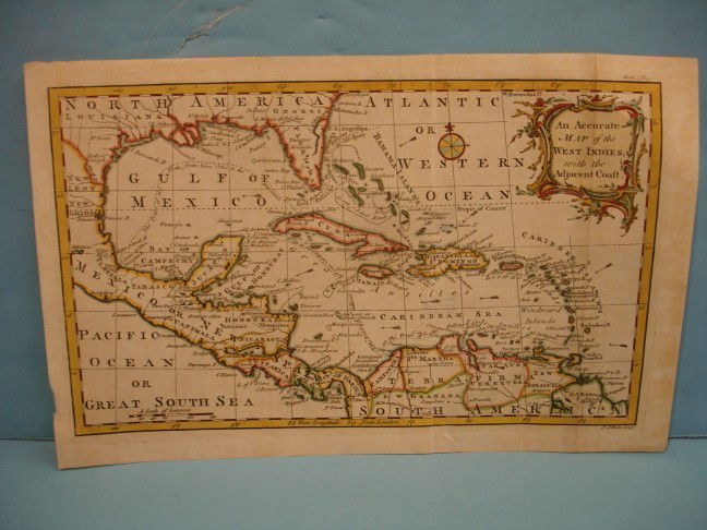 An Accurate Map of the West Indies with the Adjace: An Accurate Map of the West Indies with the Adjacent Coast - J. Gibson - 8" x 12 1/2"