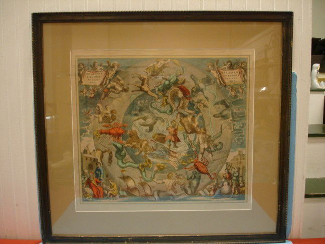 Hand Colored Henricus Hondius Celestrial Map: Hand Colored Henricus Hondius Celestrial Map with Constellations and signed with Zodiac originally published by Schenk & Valk, Amsterdam, 1661 - very good condition - 18" x 20"