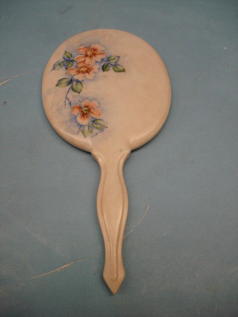 Hand Painted China Hand Mirror, artist signed: Hand Painted China Hand Mirror, artist signed - 9" long