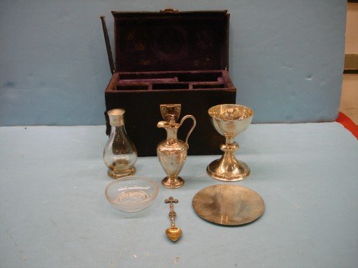 English Traveling Communion Set: English Traveling Communion Set Consisting of Sterling Chalice, Sterling Patan, Sterling Ewer, Crystal Bottle with Sterling lid, Crystal Bowl and Sterling Spoon - Original Leather Traveling Case - Cha