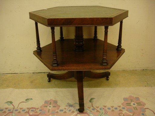 Duncan Phyfe Octagon Shaped Parlor Table: Duncan Phyfe Octagon Shaped Parlor Table w/ Tooled Leather top & Shelf