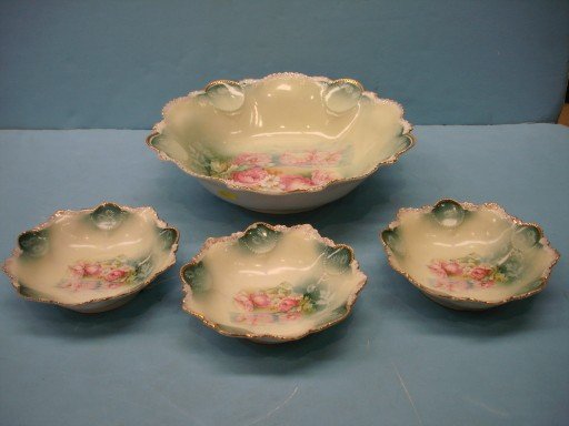 RS Prussia Berry Set - Floral Decoration - Red Mark: RS Prussia Berry Set - Floral Decoration - Red Mark - Blow Out Mold - Serving Bowl ( 10" ) & 3 individual bowls