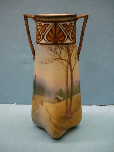 Hand Painted Nippon Urn - Forest Landscape Scene: Hand Painted Nippon Urn - Forest Landscape Scene with Cabin - 9 1/2" tall
