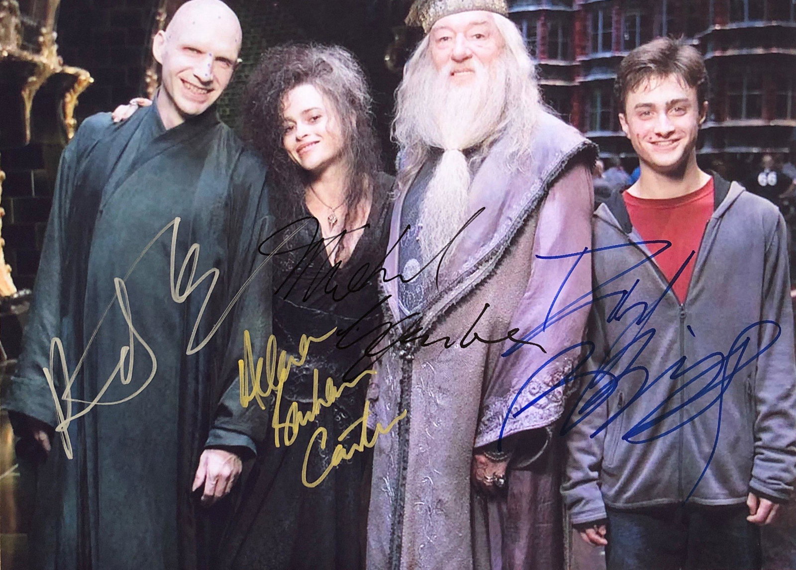 Harry Potter Daniel Radcliffe Ralph Fiennes Autographed: Autographed by: Daniel Radcliffe, Ralph Fiennes, Helena Bonham Carter, Michael Gambon Size: 8" x 10" Our company has been collectibles business since 2008. All items are unique and valuable for all th