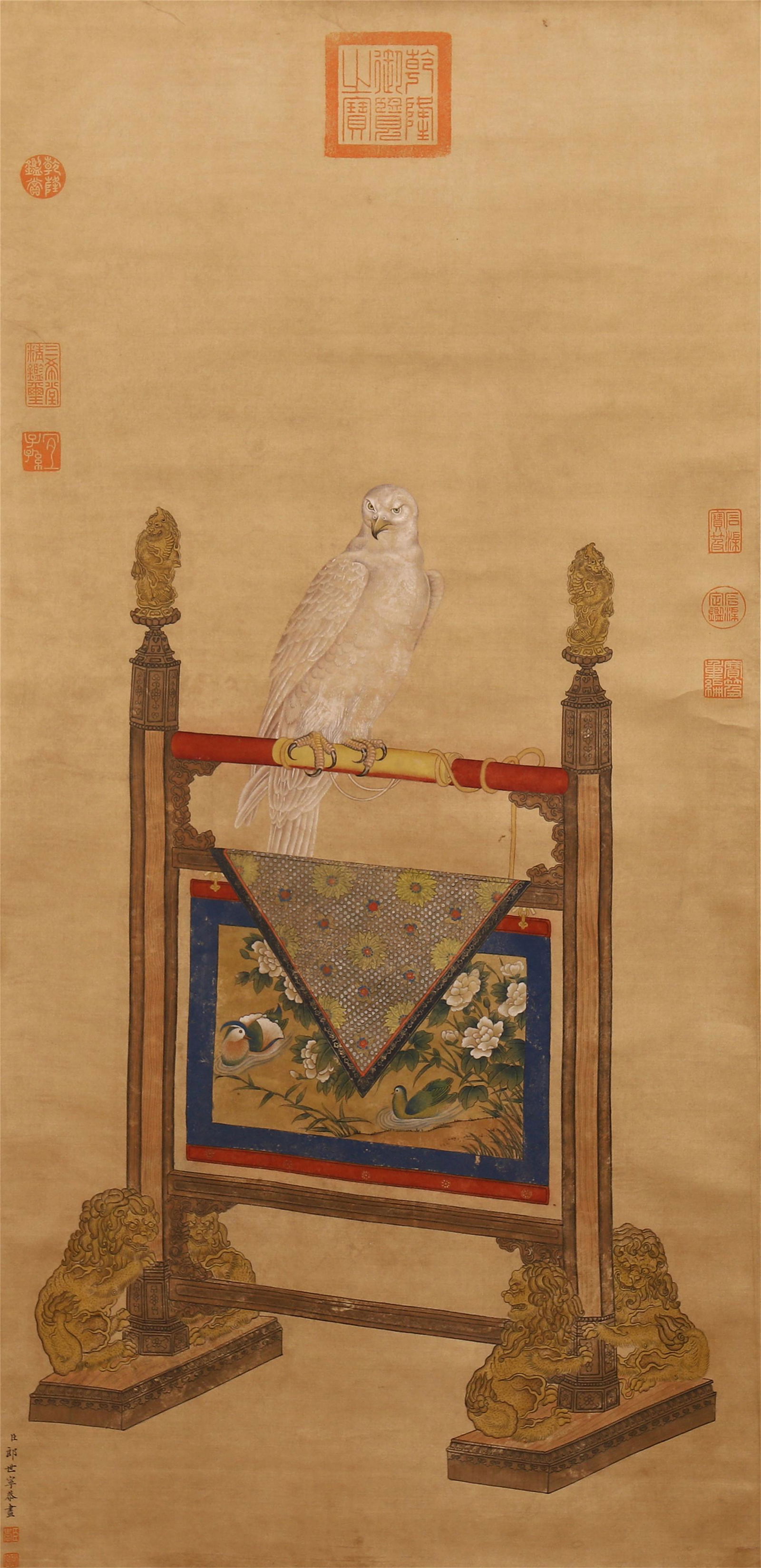 A CHINESE SCROLL PAINTING EAGLE BY LANGSHINING: Image only size 99 cm by 47 cm.