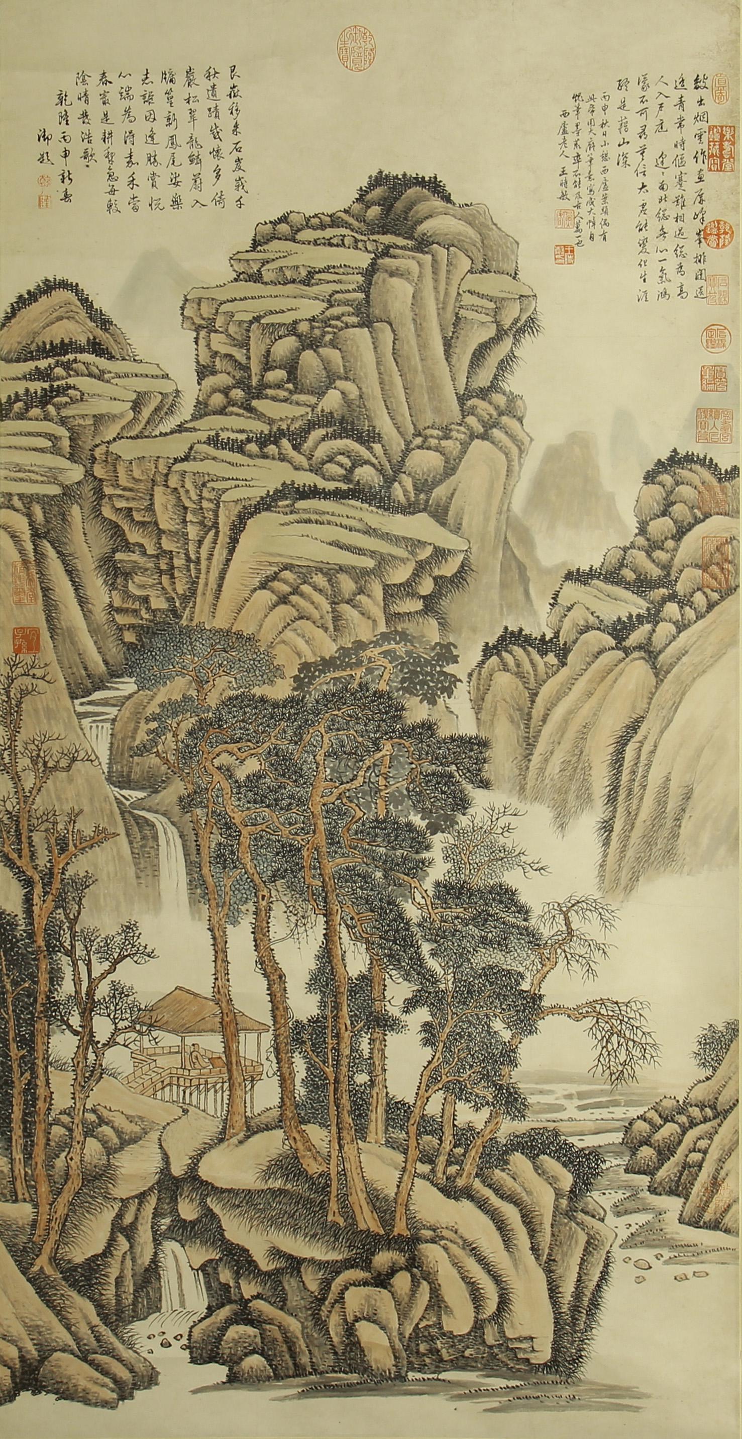 A CHINESE SCROLL PAINTING OF NATURAL LANDSCAPE: Image only size 136 cm by 68 cm.
