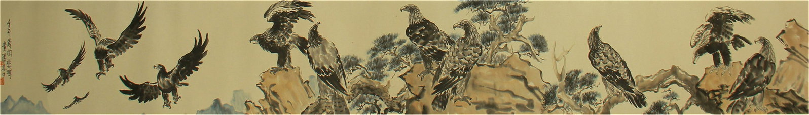 A CHINESE PAINTING GROUP EAGLES BY XU BEIHONG: Image only size 313 cm by 33 cm.