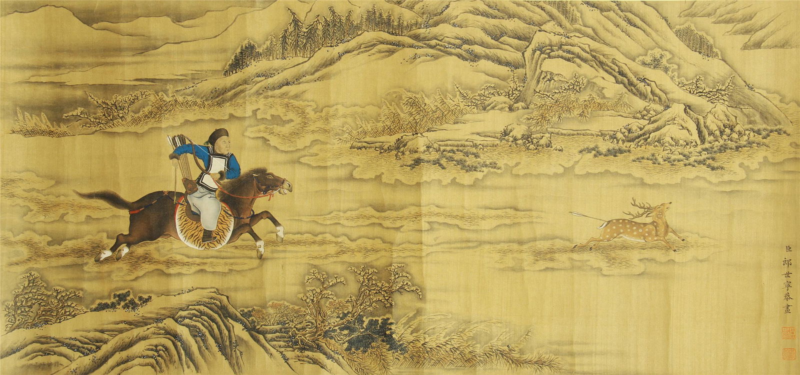 A CHINESE SCROLL PAINTING OF HUNTING BY LANGSHINING: Image only size 60 cm by 29 cm.