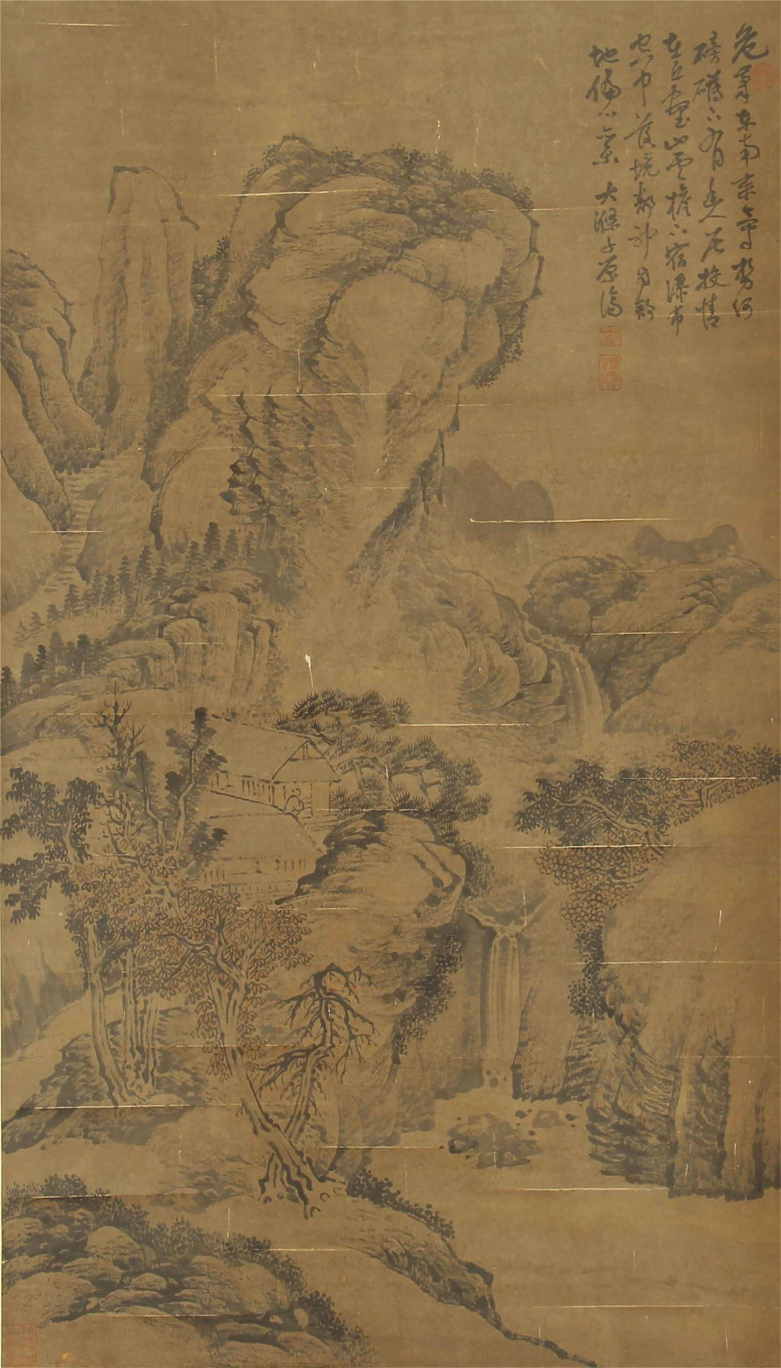 CHINESE PAINTING OF MOUNTAIN VIEWS BY SHI TAO: Image only size 95 cm by 53 cm.