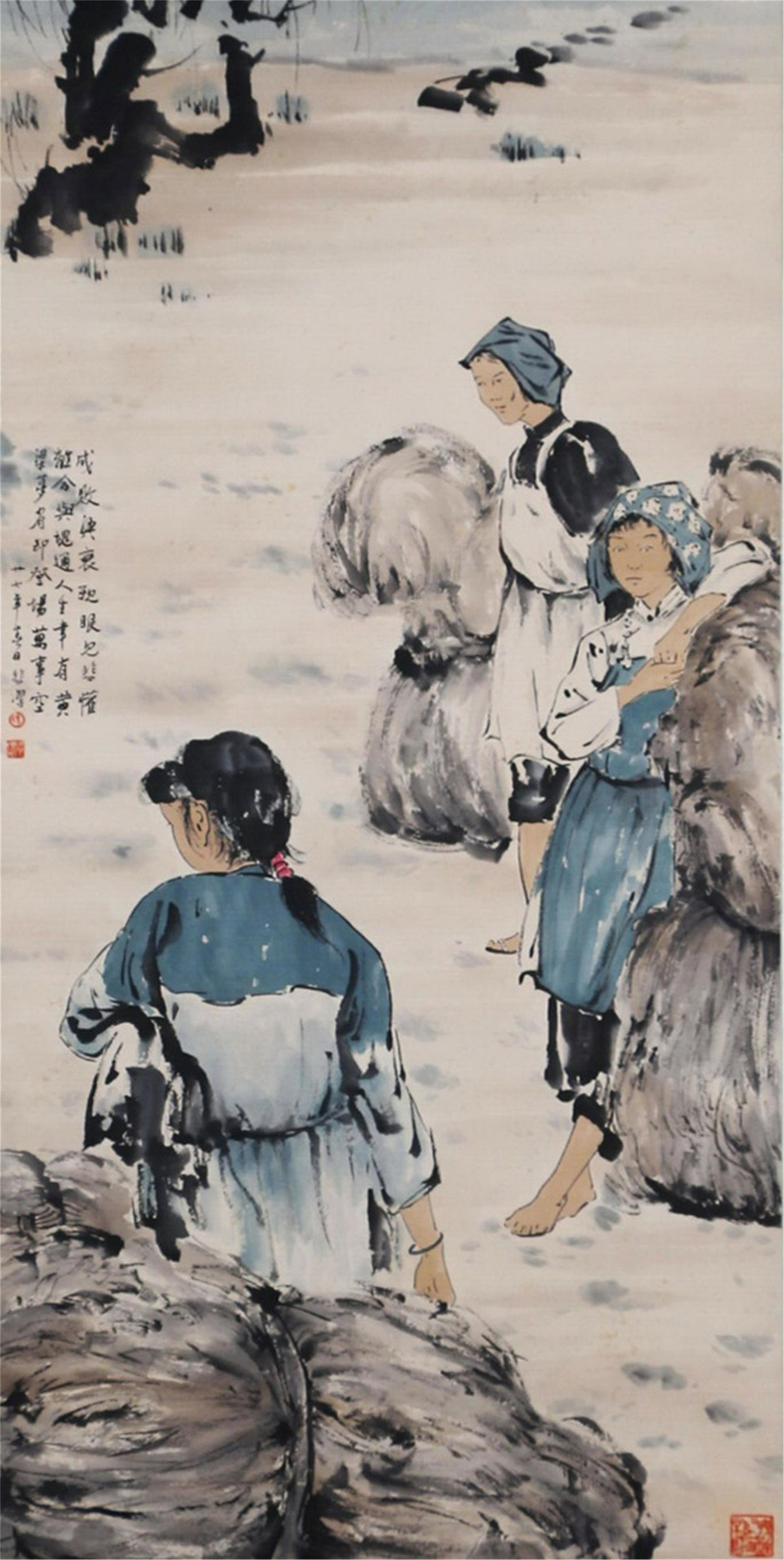 CHINESE PAINTING OF HARVEST FIGURE BY XU BEIHONG: Image only size 136 cm by 68 cm.