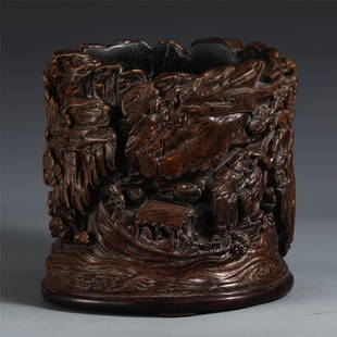 CHINESE AGALWOOD CARVED FIGURE BRUSH POT: H. 19.5 cm. Diam. 19.5 cm. Weight 1450 gram.