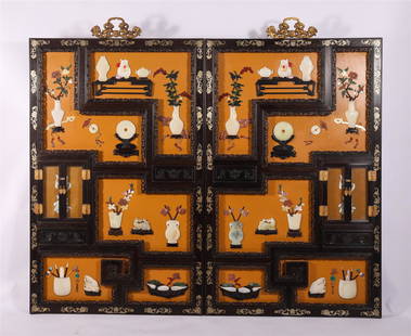 A PAIR OF CHINESE ROSEWOOD GEM STONE INLAID HANGED: Single H. 117 cm. W. 69 cm. T. 3.1 cm.