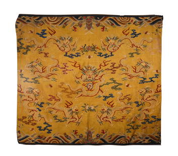 CHINESE SILK YELLOW GROUND GOLD NINE DRAGONS PATTERN: H. 170 cm. W. 194 cm.