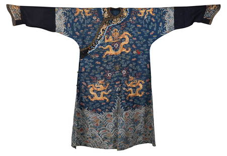 CHINESE BLUE GROUND EMBROIDERY DRAGON TMPERIAL ROBE: Sleeve L. 209 cm. Clothing H. 142 cm.