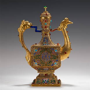 CHINESE GILT SILVER BLUE ENAMELED GEM STONE INLAID WINE: H. 25.7 cm. L. 18 cm. W. 9.5 cm.