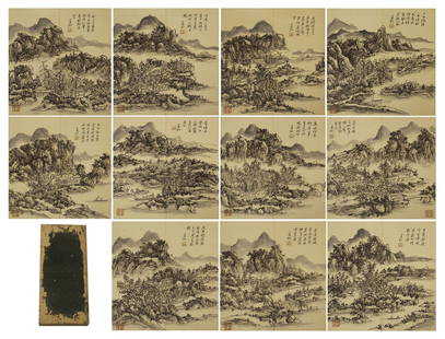 CHINESE PAINTING ALBUM OF MOUNTAIN VIEWS & CALLIGRAPHY: Single page size 35 cm by 35 cm. Total 13 pages.