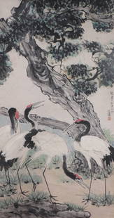 CHINESE INK AND COLOR PAINTING OF CRANES AND TREE BY XU: Image only size 68 cm by 134 cm.