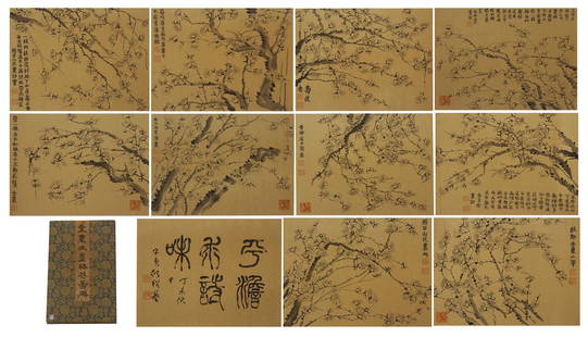 CHINESE PAINTING ALBUM OF PLUM BLOSSOMS BLOSSOMMING: Single page size 40.5 cm by 32 cm. Total 11 pages.