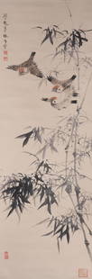 CHINESE PAINTING OF BIRDS AND BAMBOOS BY YAN BOLONG: Image only size 33 cm by 105 cm.