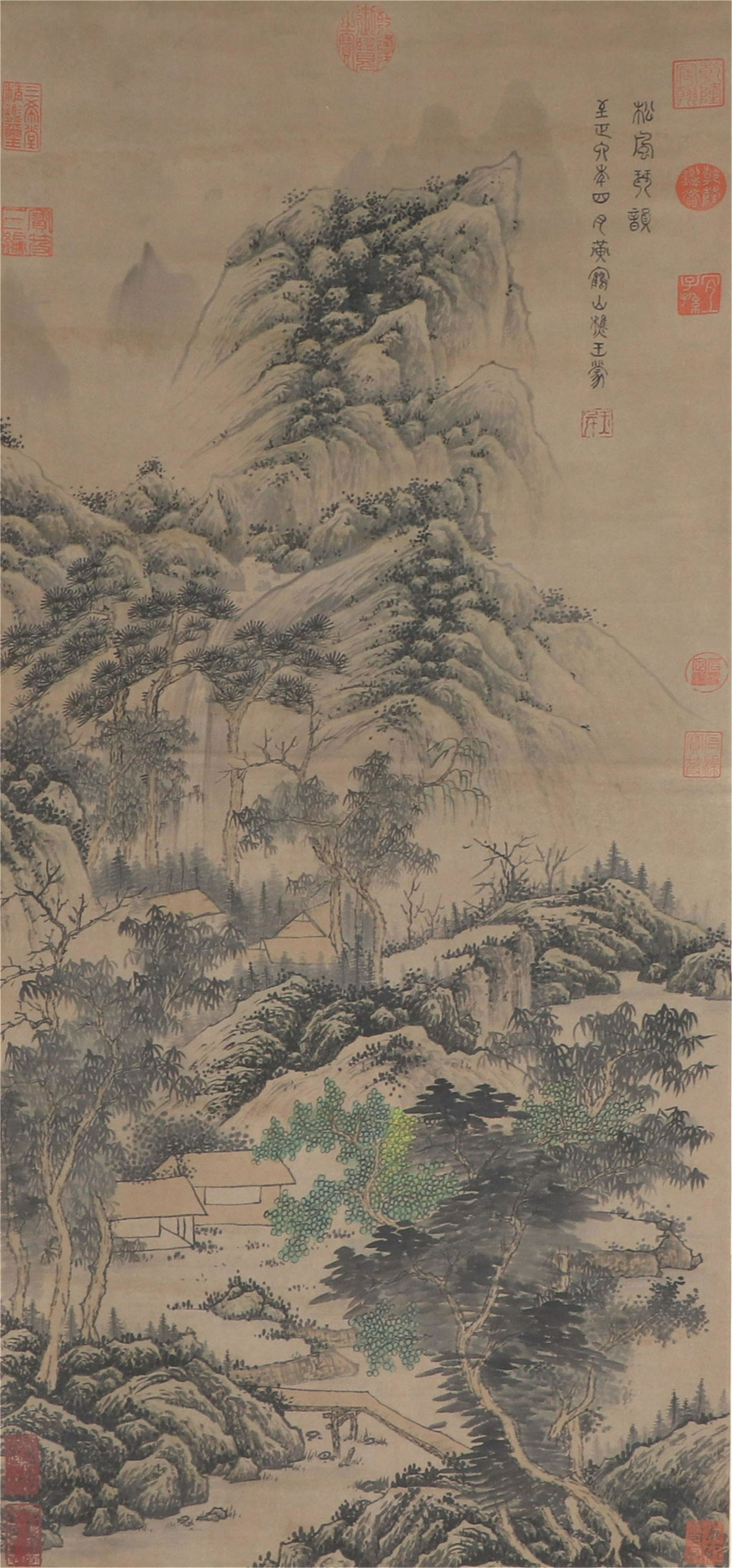 CHINESE PAINTING OF DWELLINGS IN MOUNTAIN BY WANG MENG: Image only size 42 cm by 96 cm.