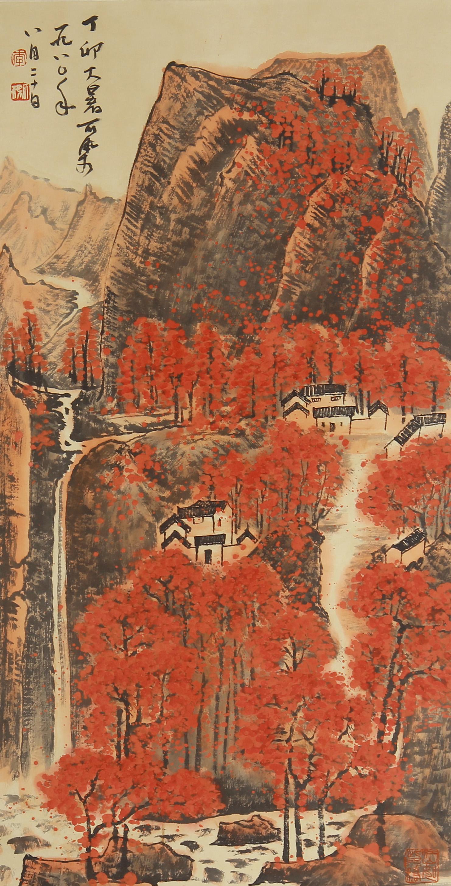 A CHINESE VERTICAL SCROLL OF PAINTING RED MOUNTAINS BY: Image only size 49 cm by 98 cm.