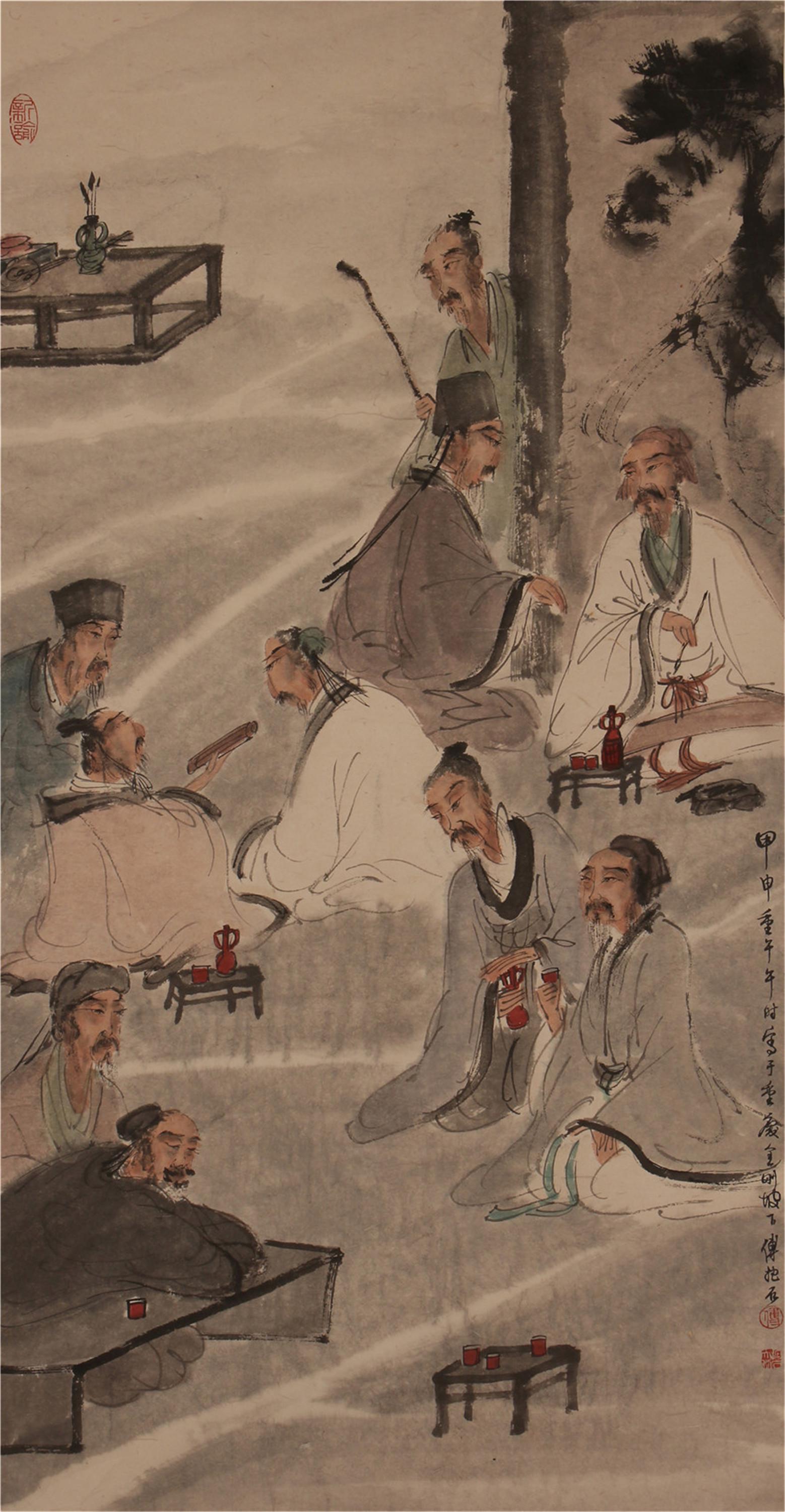 CHINESE SCROLL PAINTING OF SCHOLARS GATHERING BY FU: Image only size 95 cm by 48 cm.