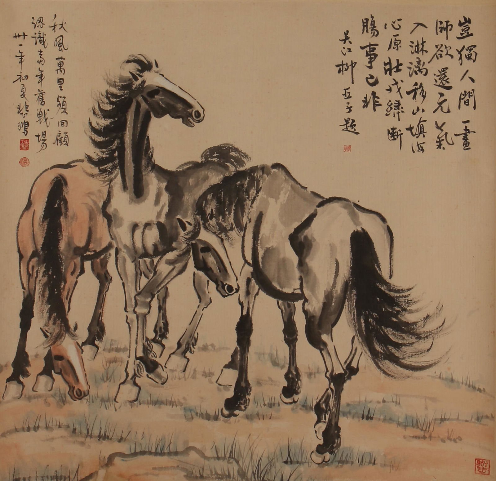 CHINESE SCROLL PAINTING OF RUNNING STEEDS ON THE: Image only size 96 cm by 101 cm.