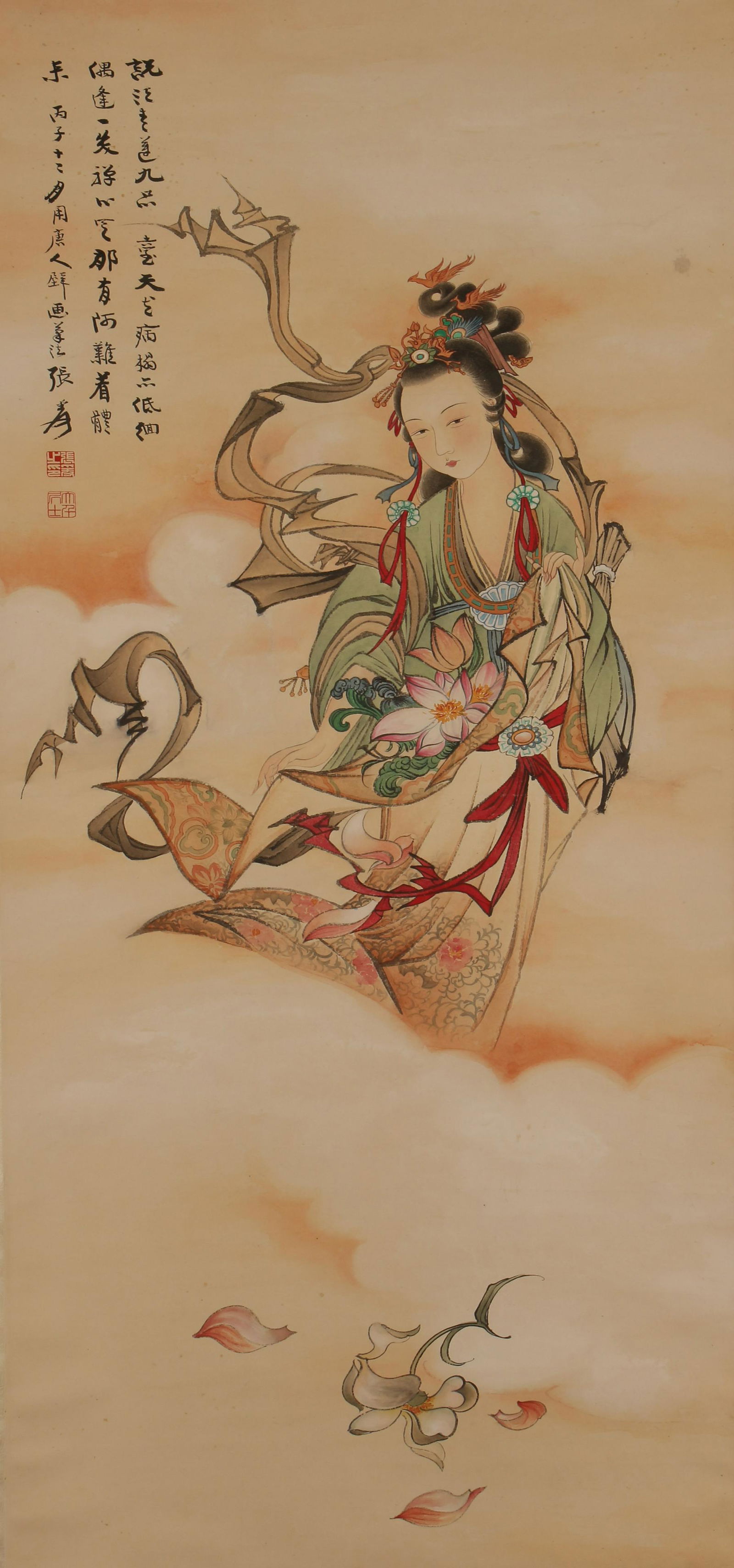 CHINESE SCROLL PAINTING OF IMMORTALS FIGURE BY ZHANG: Image only size 119 cm by 52 cm.