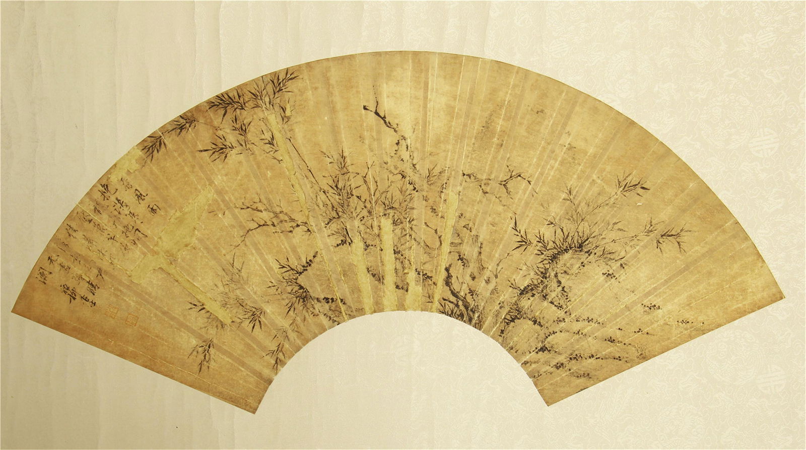 CHINESE SCROLL FAN PAINTING OF BAMBOOS ON ROCK: Image only size 55 cm by 18.5 cm.