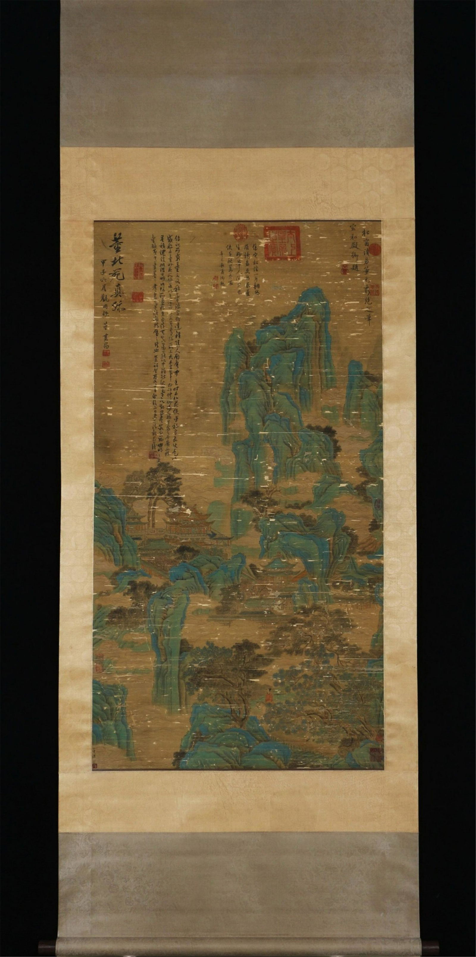 A CHINESE SCROLL PAINTING OF LANDSCAPE AND FIGURES: Image only size 124 cm by 66 cm.