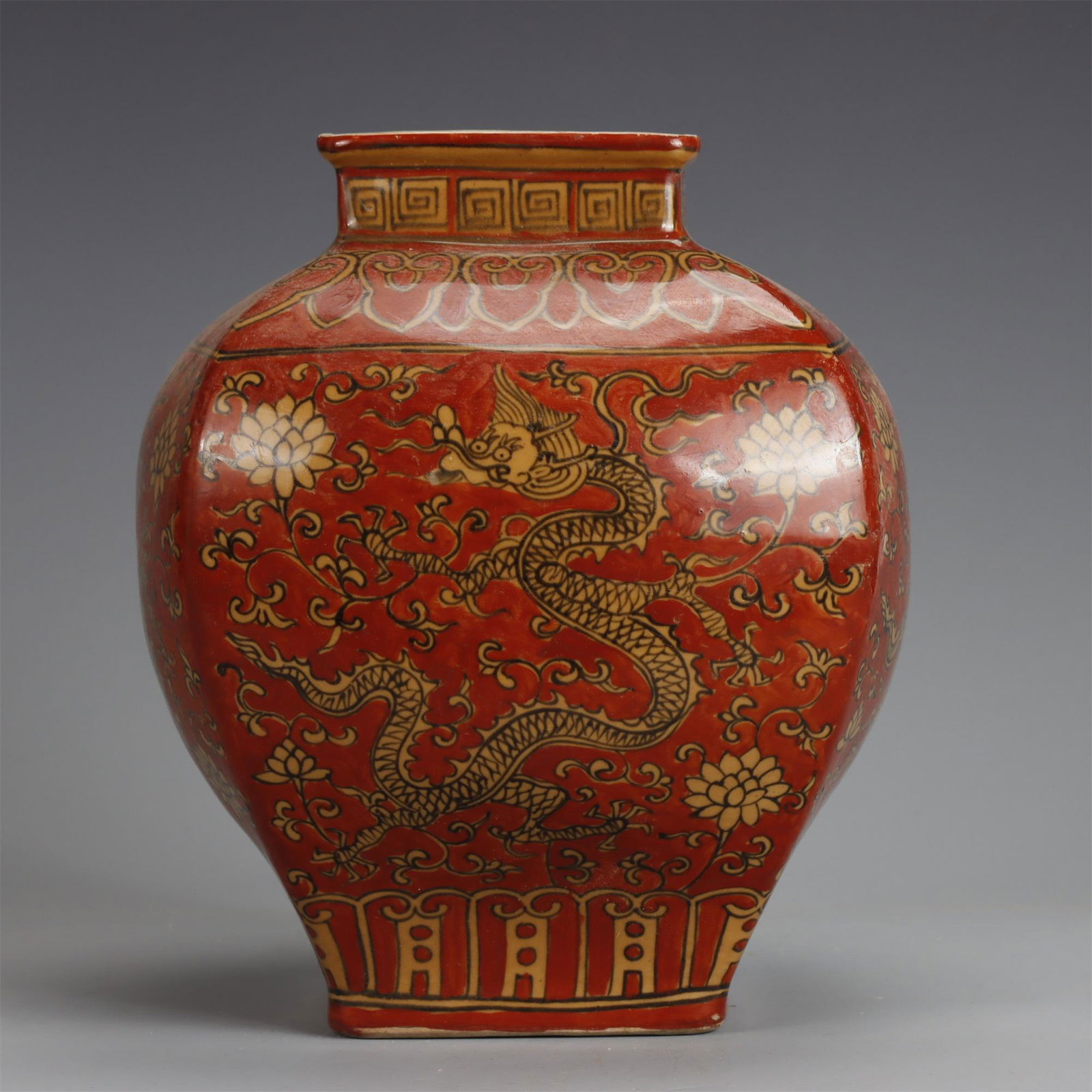 A Chinese Red Ground Yellow Glazed Porcelain Square Vase (1 of 6)