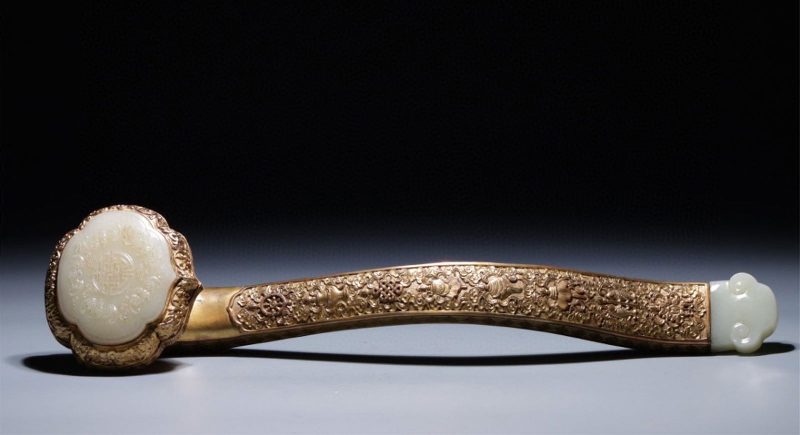 A Chinese Silver Ruyi with Carved Jade Pendant Inlaid (1 of 9)