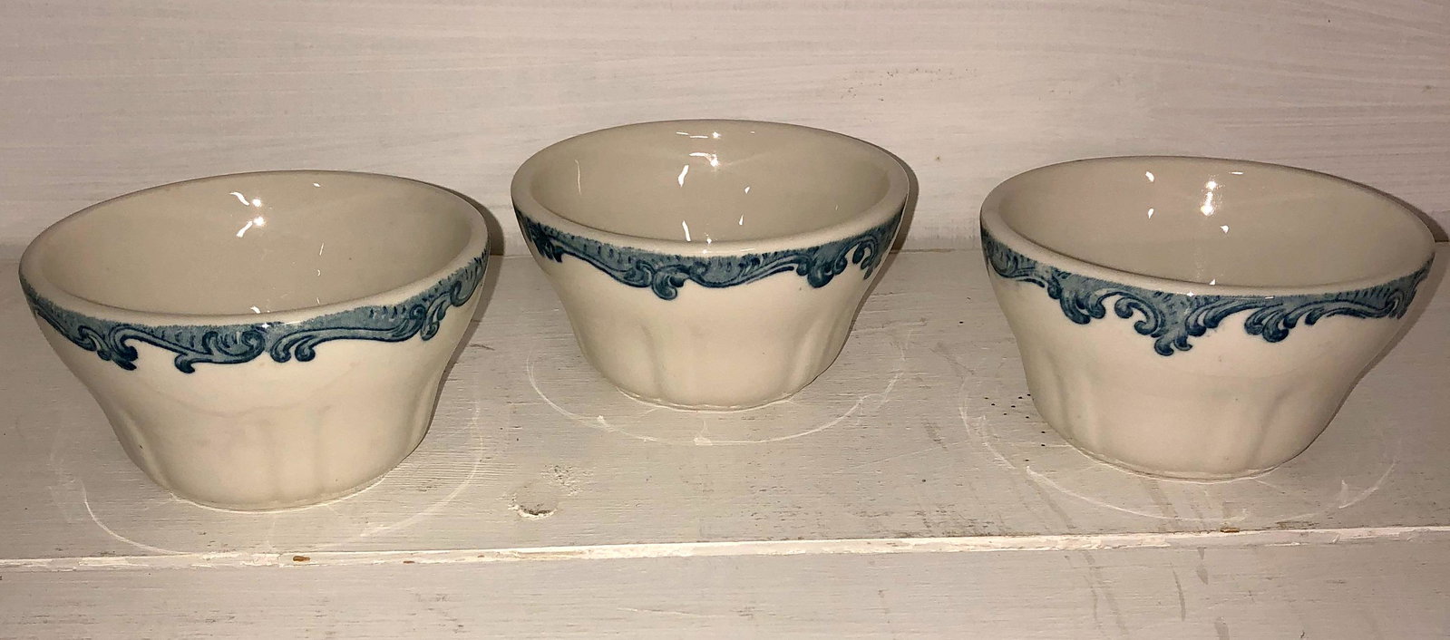 3 Union Pacific soup cups, the Overland Route: Harriman Blue pattern soup cups