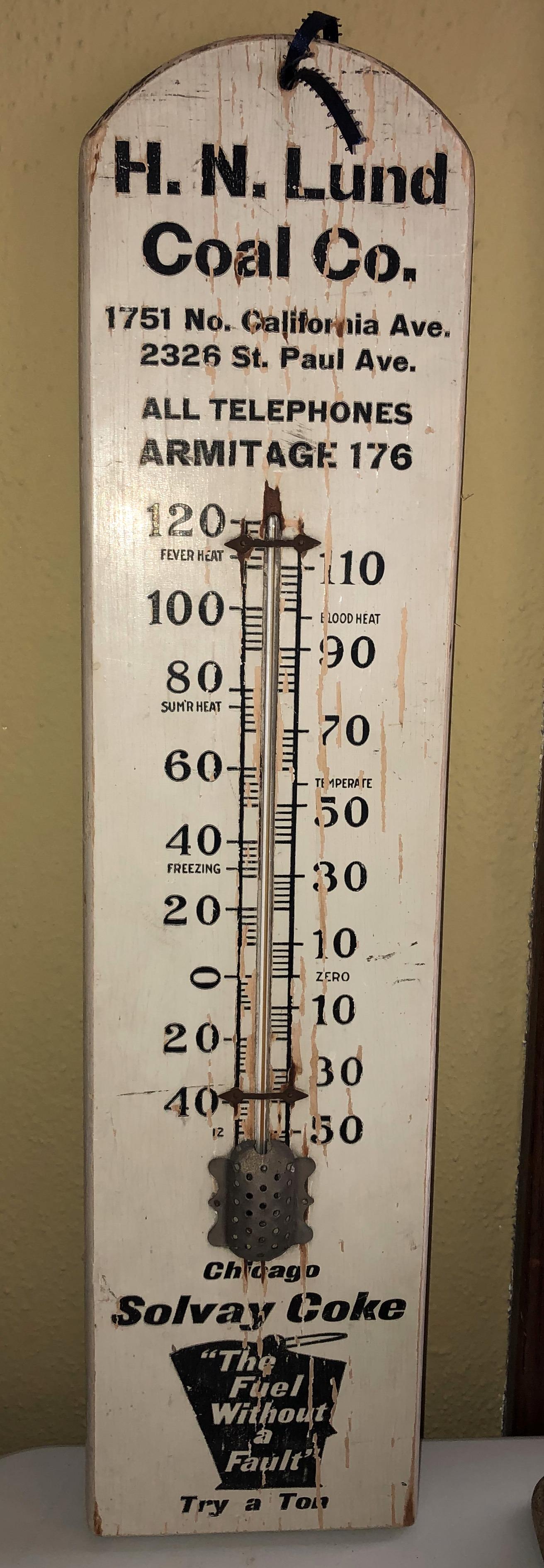 Solvay Coke wood advertising thermometer: Marshal Mfg Company