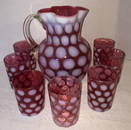 Fenton Cranberry opalescent Coin Dot Pitcher & Tumblers