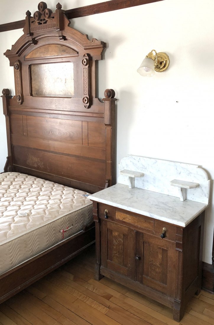 3 piece Eastlake Marble Top Full size Bedroom set: 88" tall Full size bed (shown with 3/4 size matress included if needed but you don't have to take it), wash stand, drop well dresser