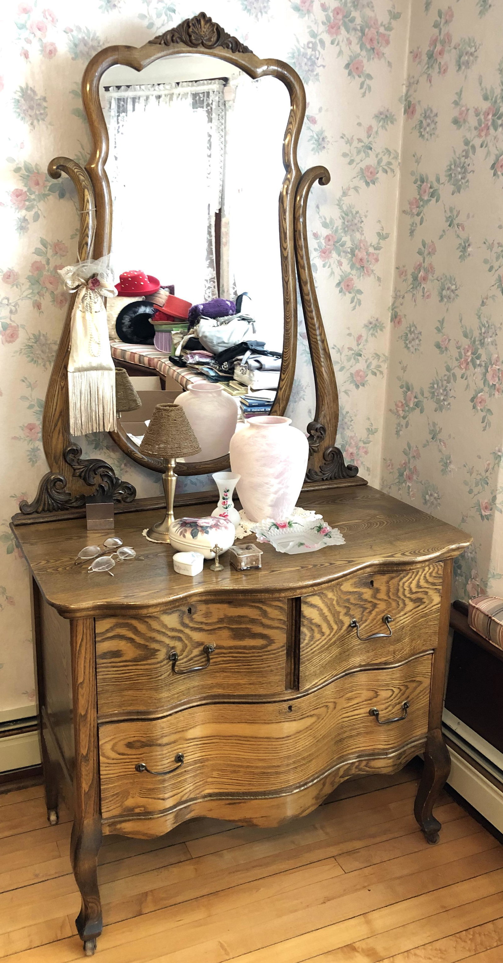Antique Princess Dresser: made of ash, and has been refinished, Mirror is newer with no backing, dresser is sturdy and sound, drawers have dovetail construction.