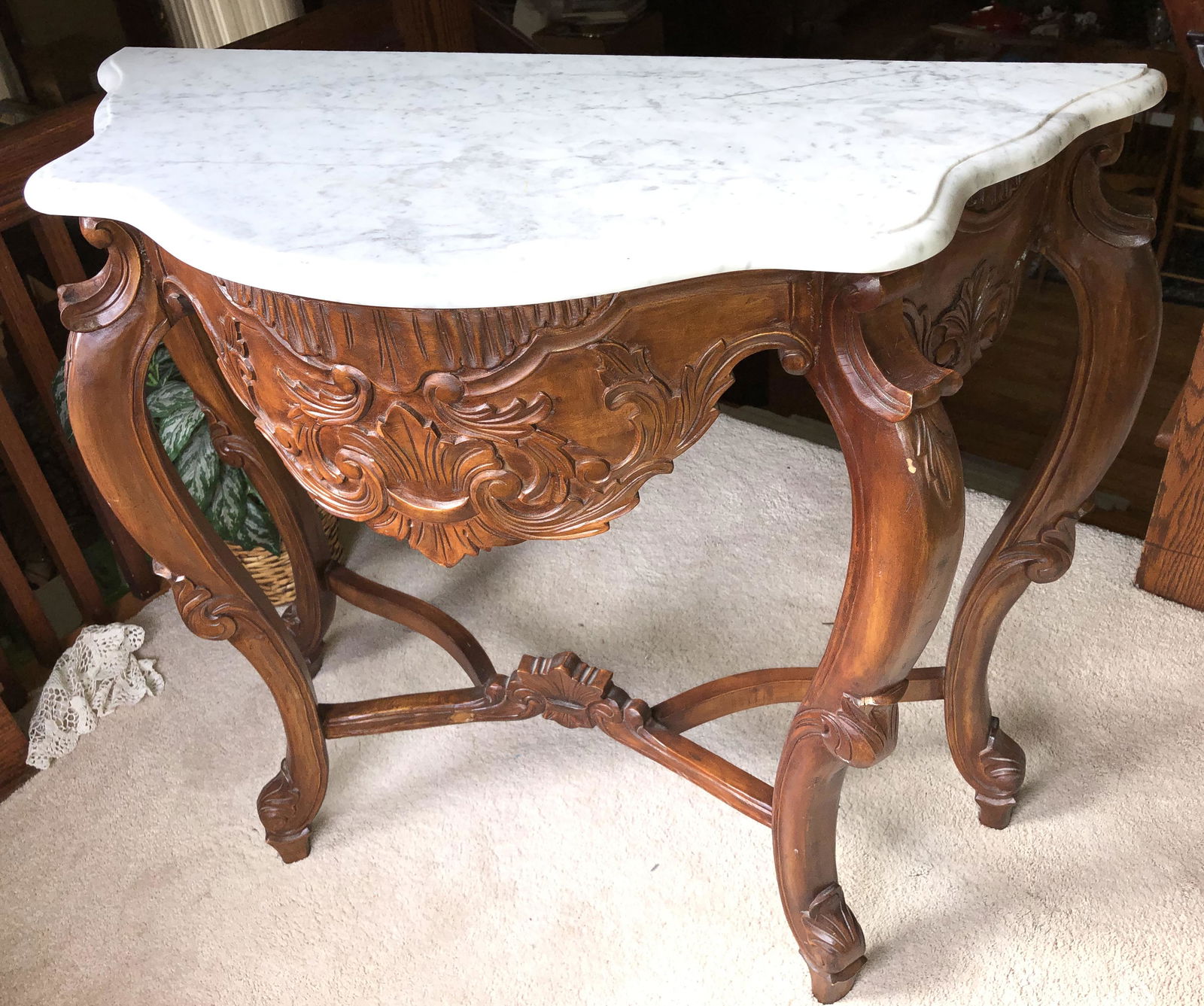 Marble Top Side Table: 38-1/2" at widest point x 28" tall, This is not antique or vintage, beautifully carved with good white marble.