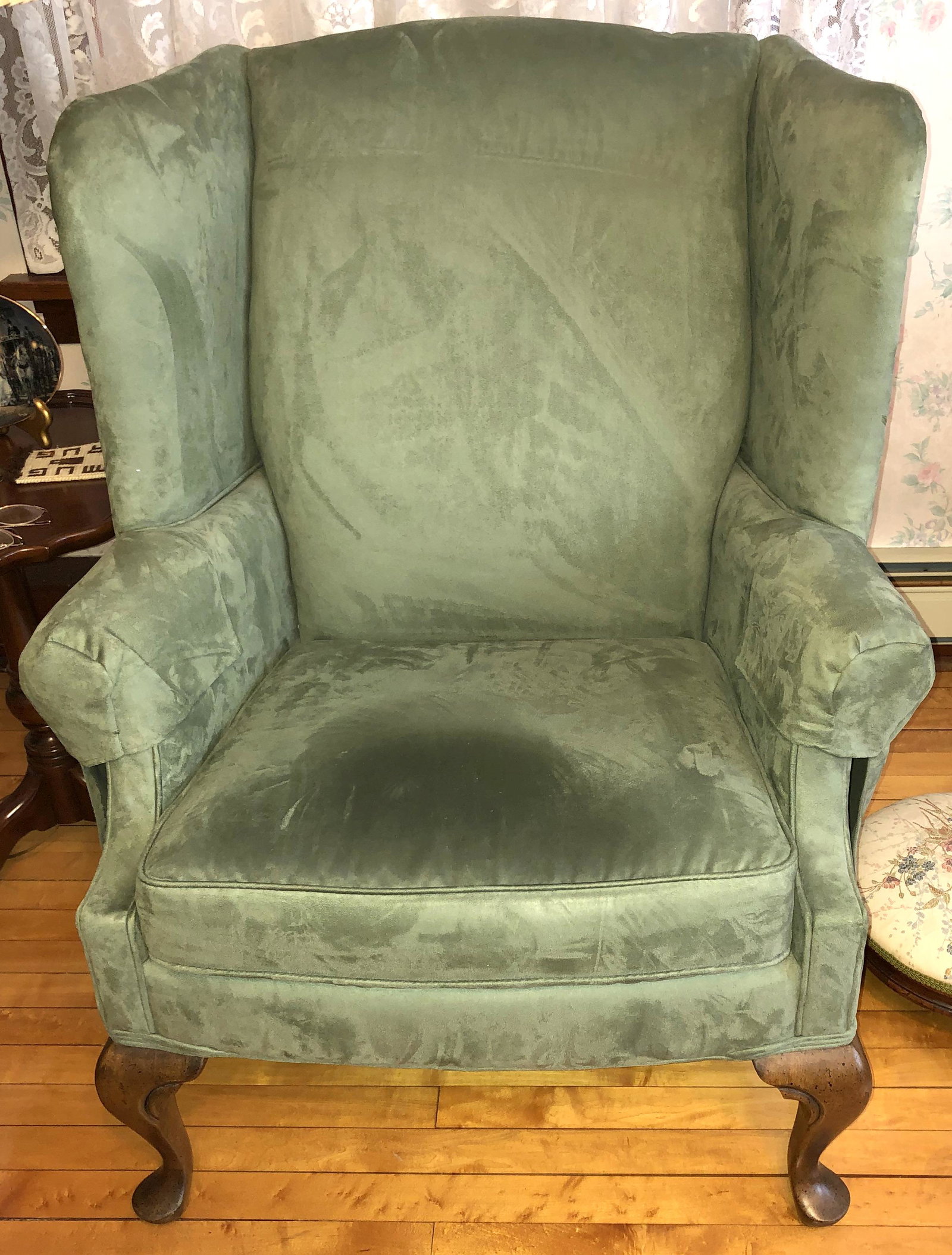 Wing Back Upholtered Chair: Light green fabric, 30" wide seat, queen ann feet